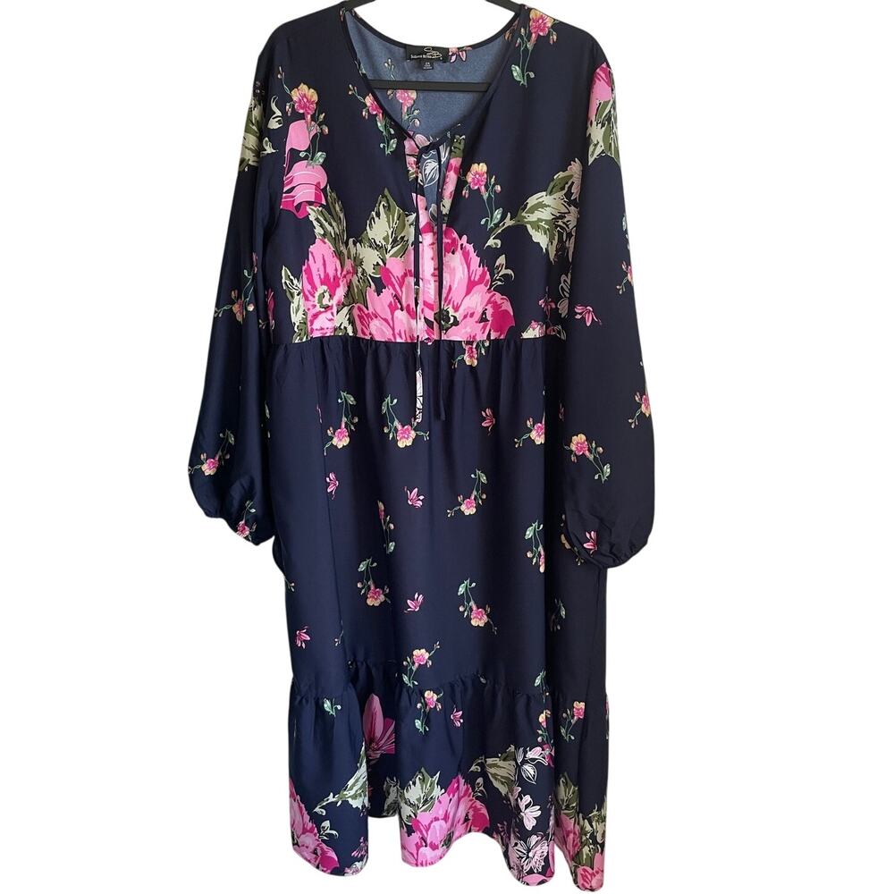 Suzanne Betro Maxi Dress Sz 2X Pockets Long Sleees Tie Front Floral Navy Pink